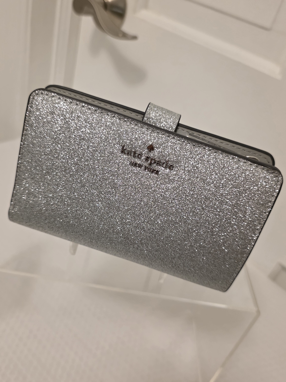 NWT Kate Spade Silver Glitter Compact Bifold Wallet, Shimmer & Shine Ret. $229